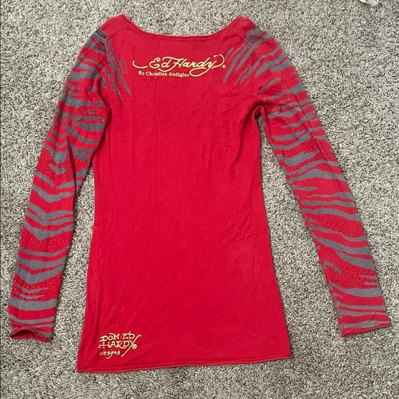 Ed Hardy by Christian Audigier tattoo art Red and Gray Long Sleeve Top - Picture 5 of 8